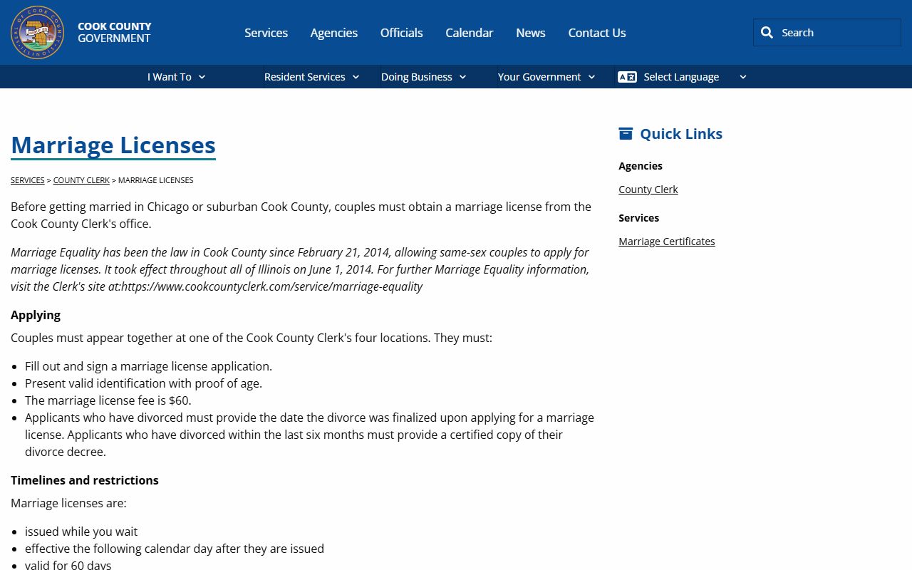 Cook County Clerk marriage licenses page for marriage records