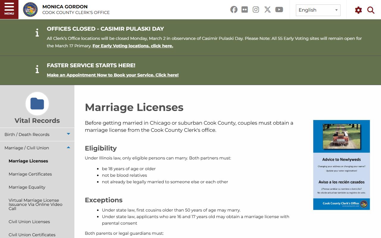 Cook County Clerk marriage license application for marriage records