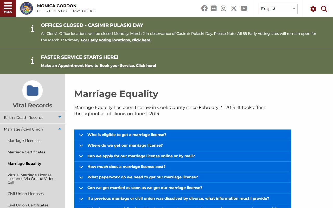 Cook County marriage equality information for marriage records