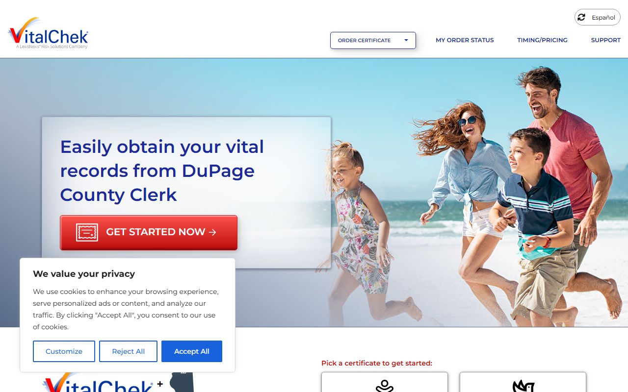 DuPage County VitalChek page for ordering marriage records online