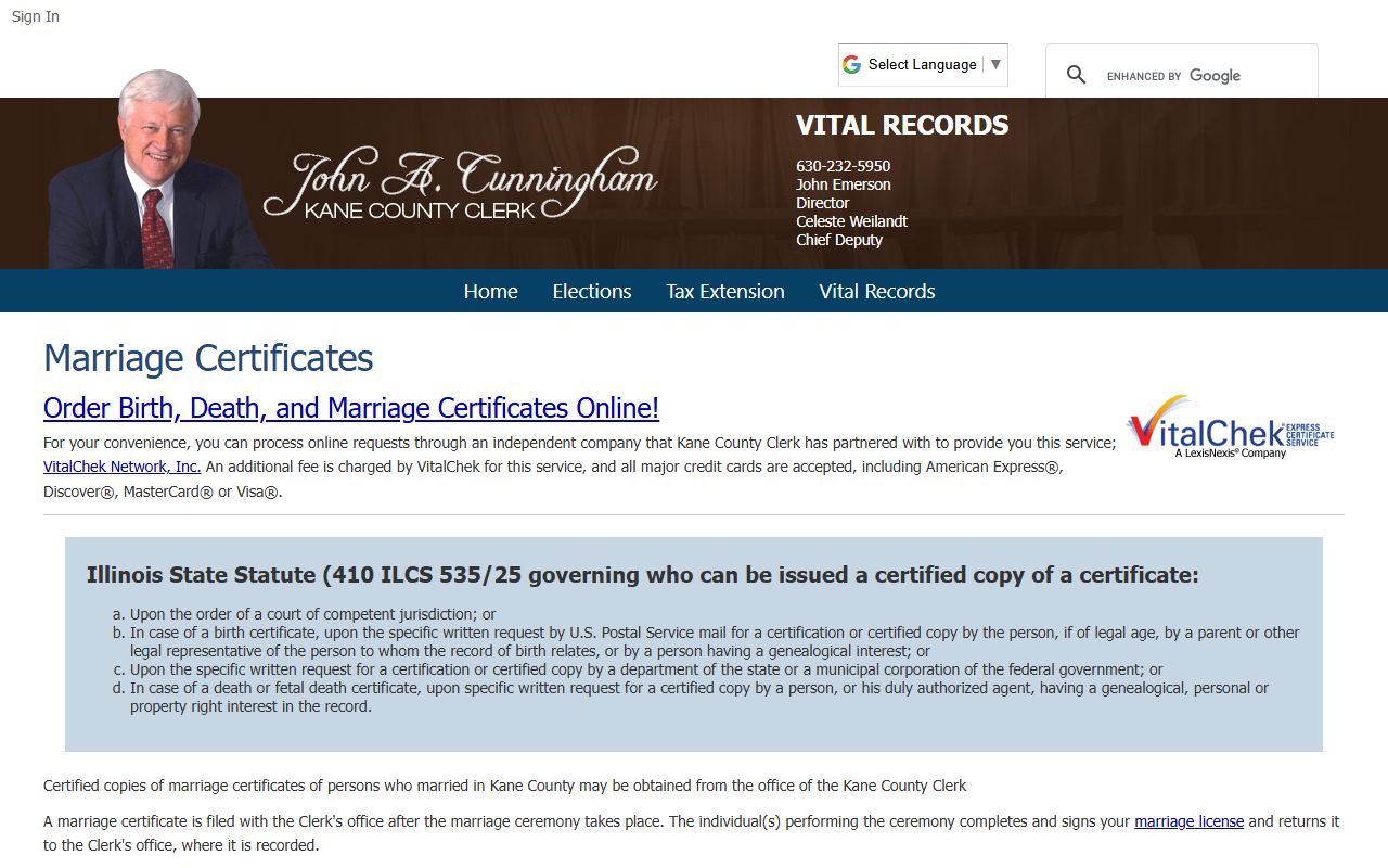 Kane County marriage certificate ordering page