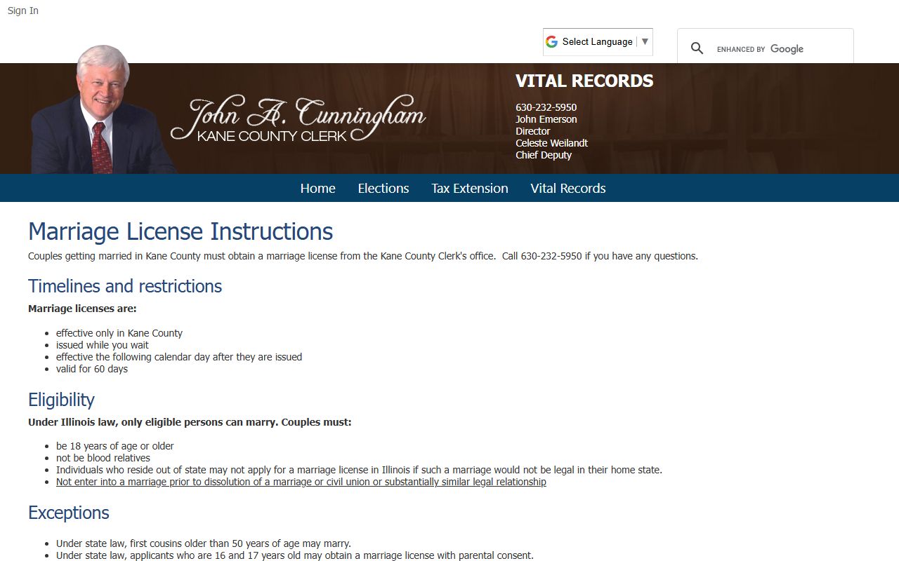 Kane County marriage license page for marriage records