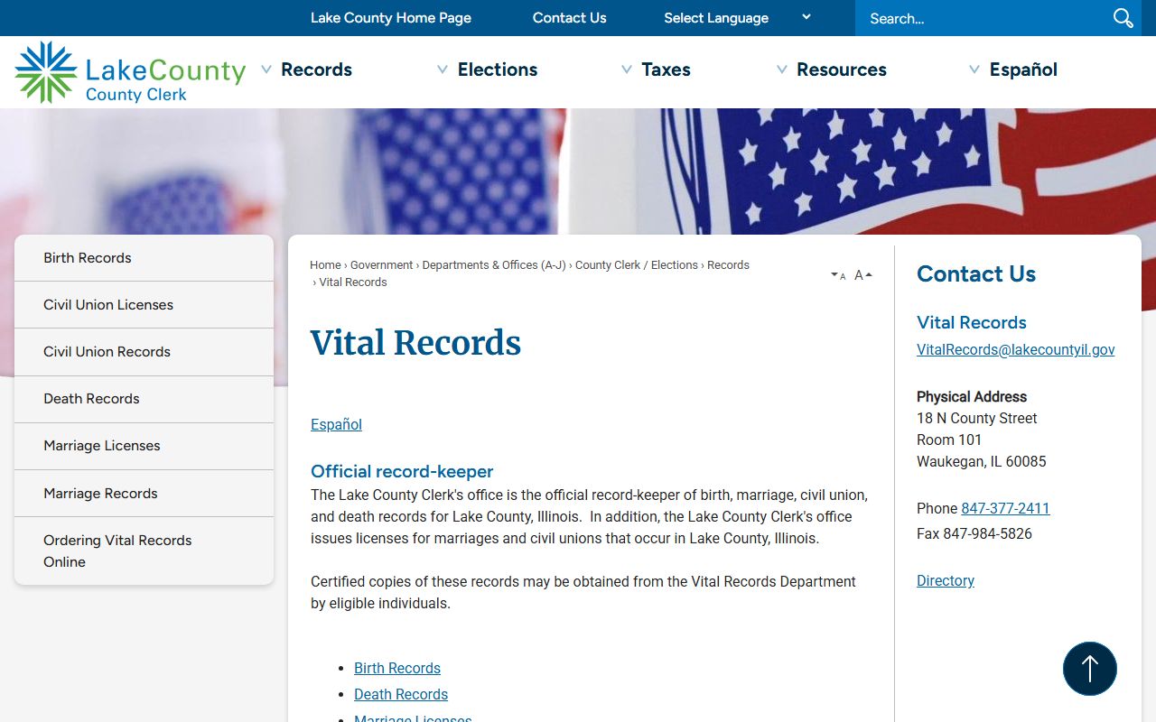Lake County Vital Records page for marriage records