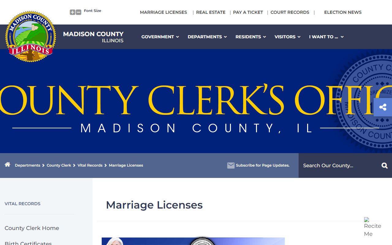 Madison County marriage license application page showing requirements and fees