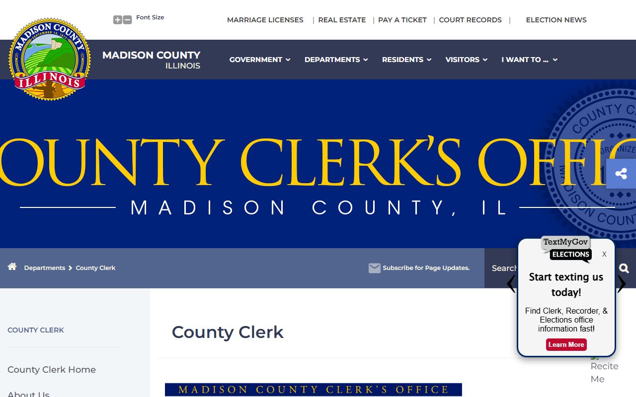 Madison County Clerk website showing vital records and marriage services