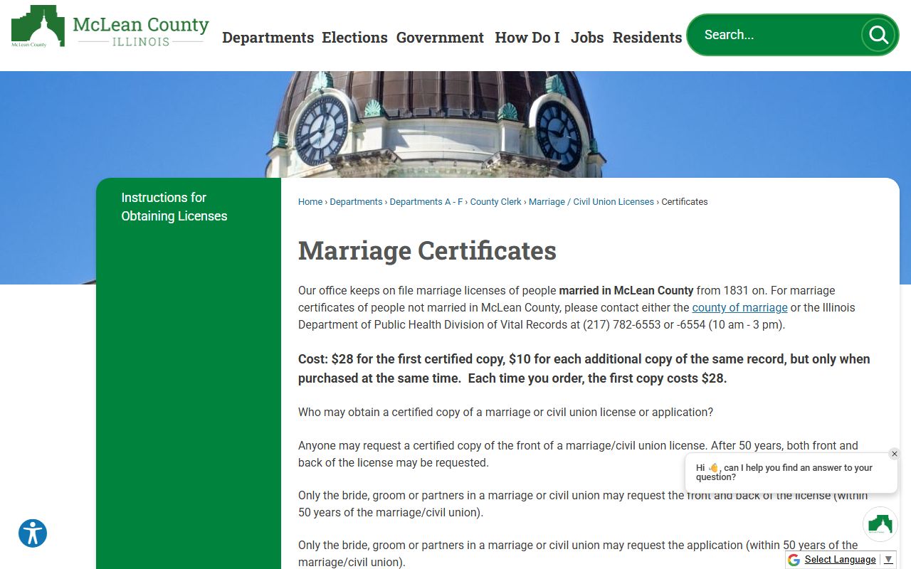 McLean County marriage certificates page for marriage records