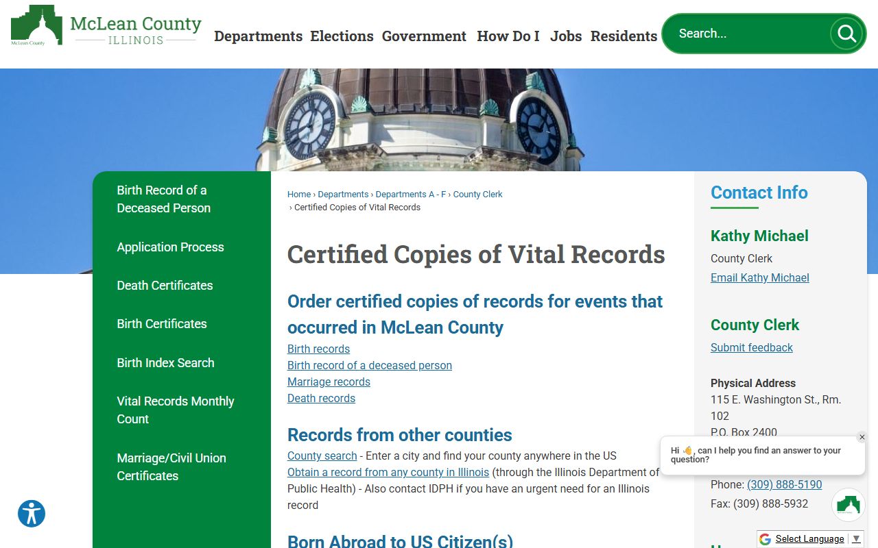 McLean County certified copies of vital records page for marriage records