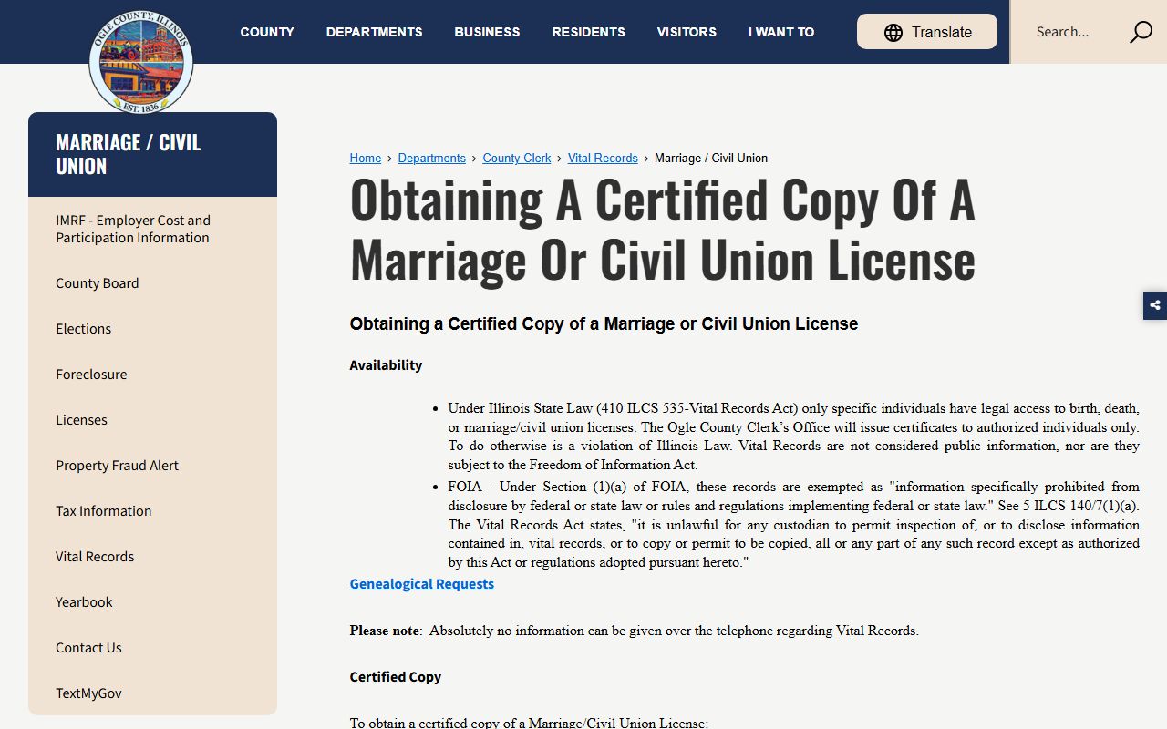 Ogle County marriage and civil union records page for vital records information