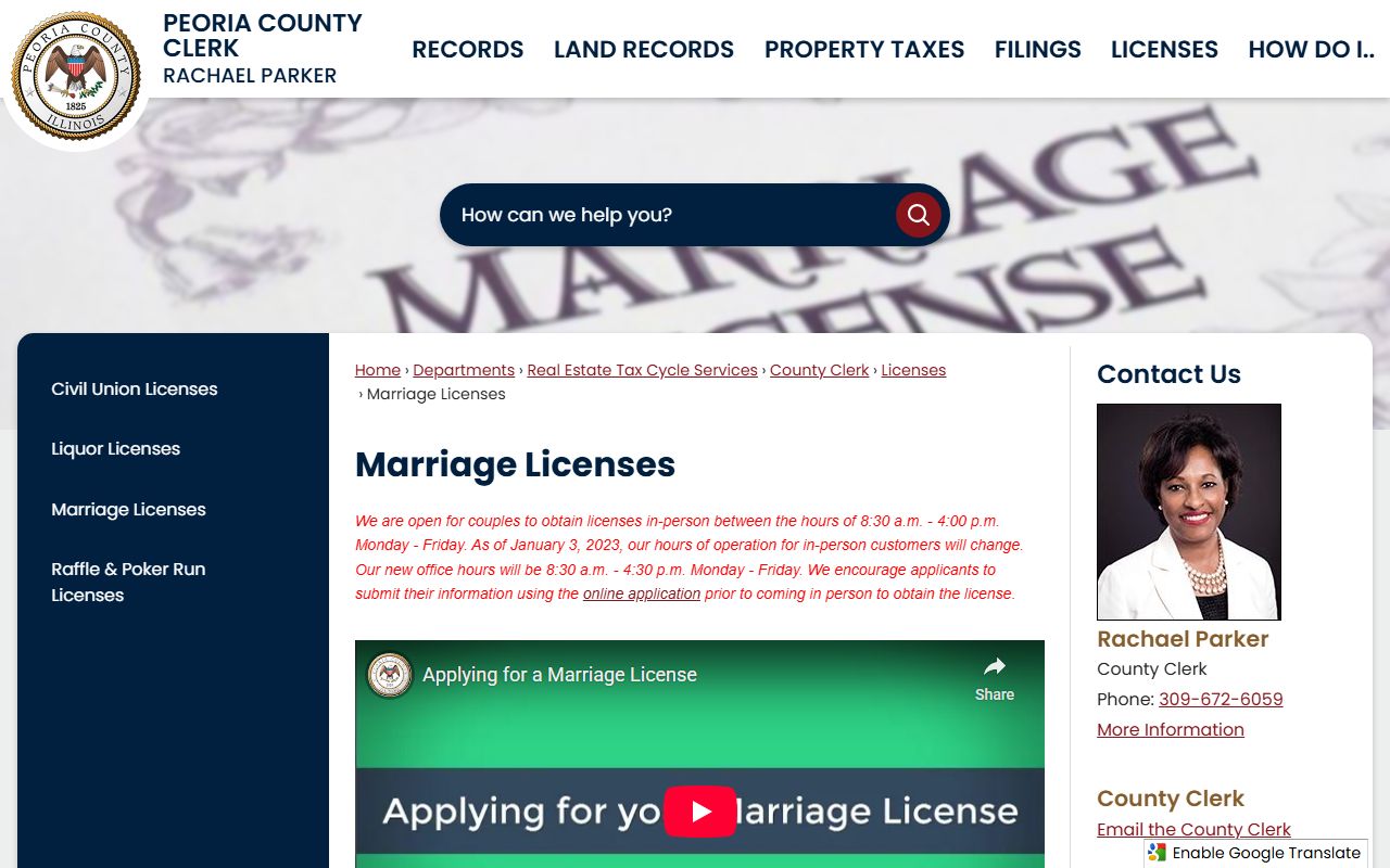 Peoria County Clerk marriage licenses page for marriage records