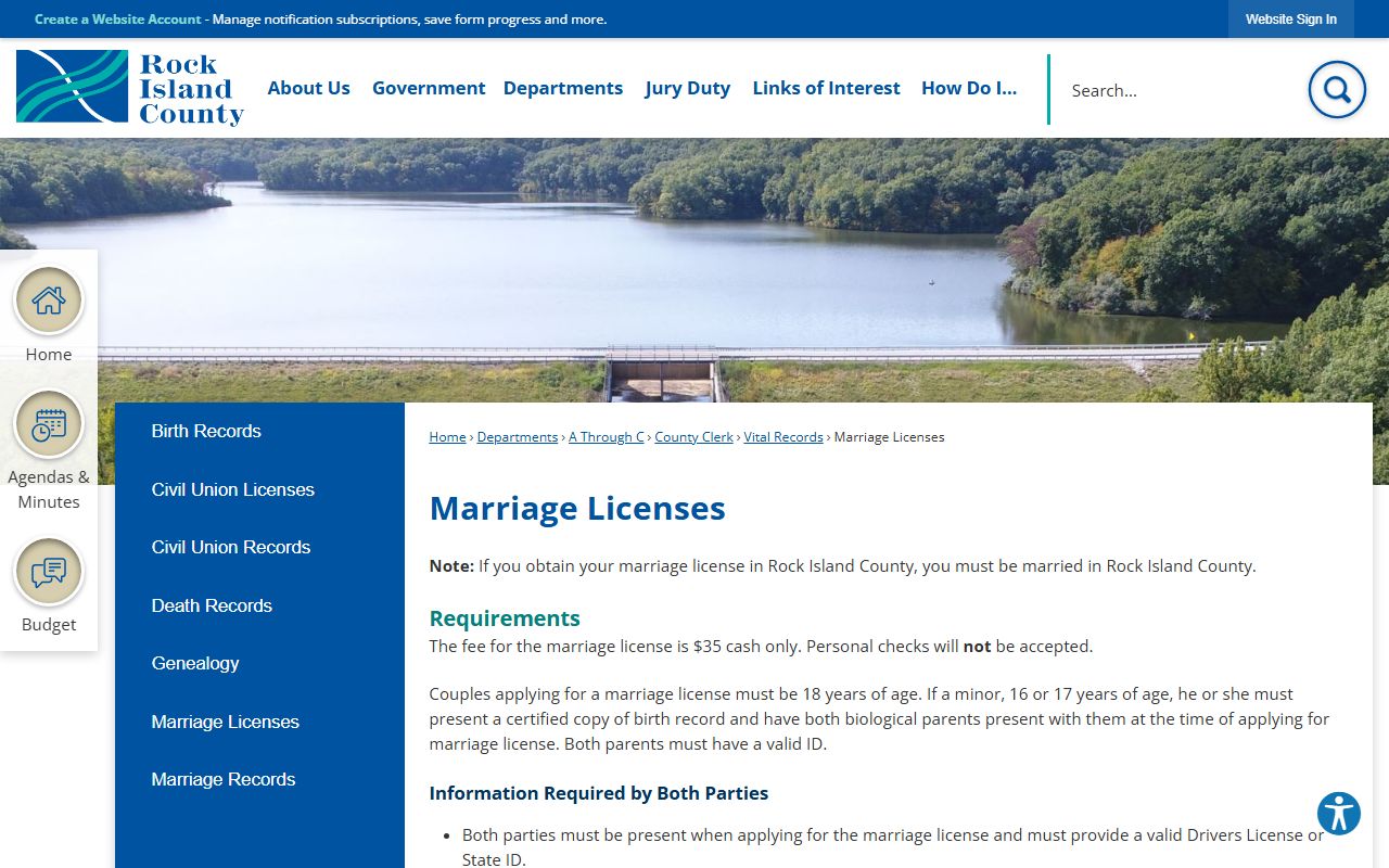 Rock Island County Clerk marriage license information for marriage records