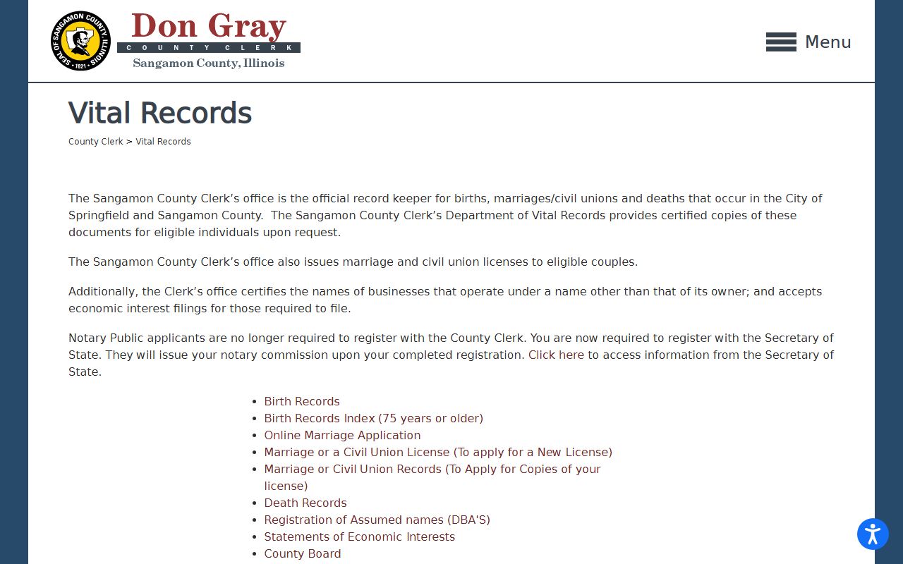 Sangamon County vital records page for marriage records