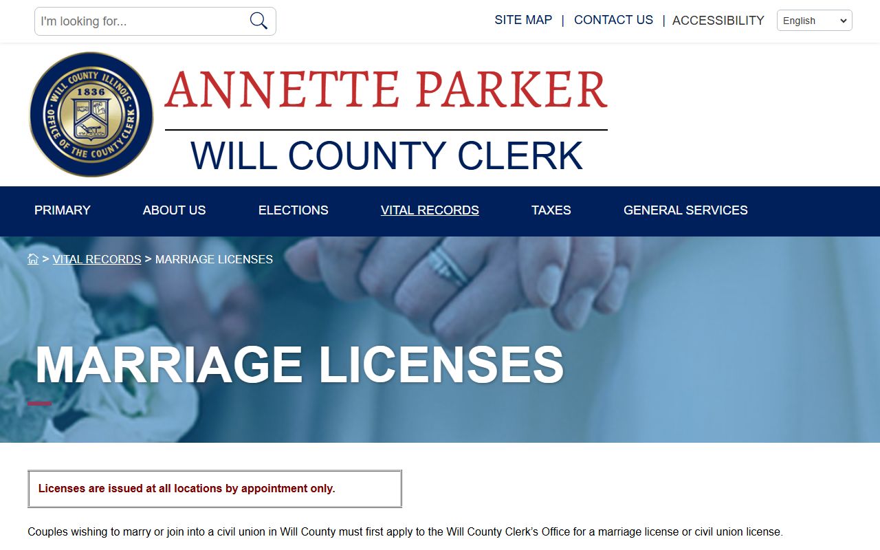 Will County Clerk marriage license page for marriage records