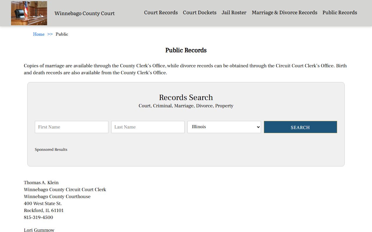 Winnebago County Court public records page for marriage related filings