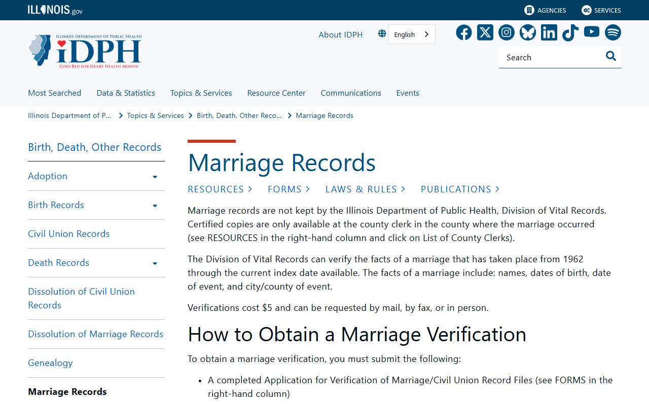 Illinois Department of Public Health marriage records page